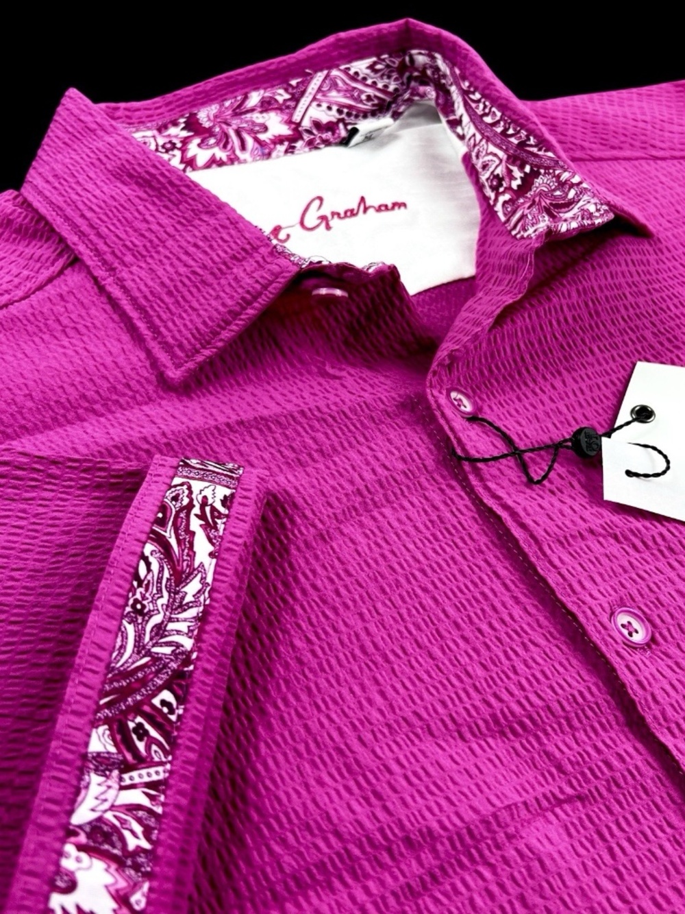 NEW Robert Graham Solid Short Sleeve Seersucker 2XL Magenta Stretch Shirt